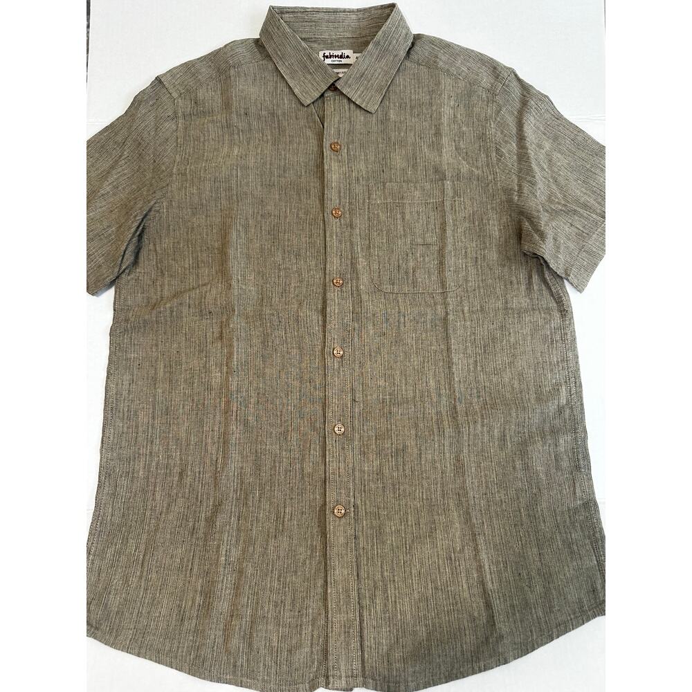 Fabindia Textured Mens Striped Button Front Shirt Size 40